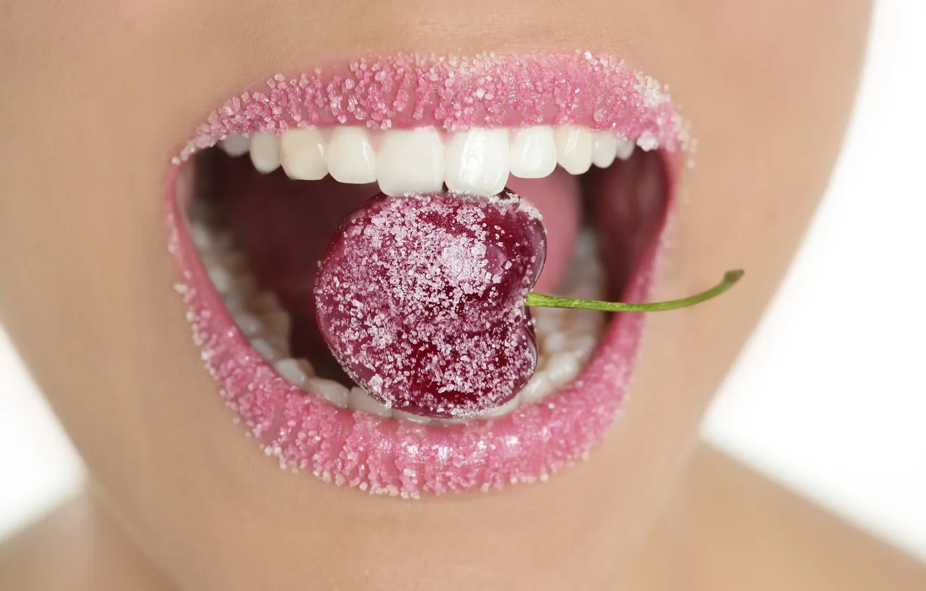 Photo wallpaper fruit, cherry, sugar, mouth, teeth