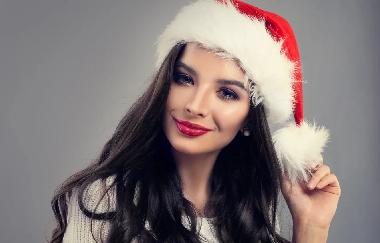 Photo wallpaper look, red, smile, background, holiday, hat, new year, portrait
