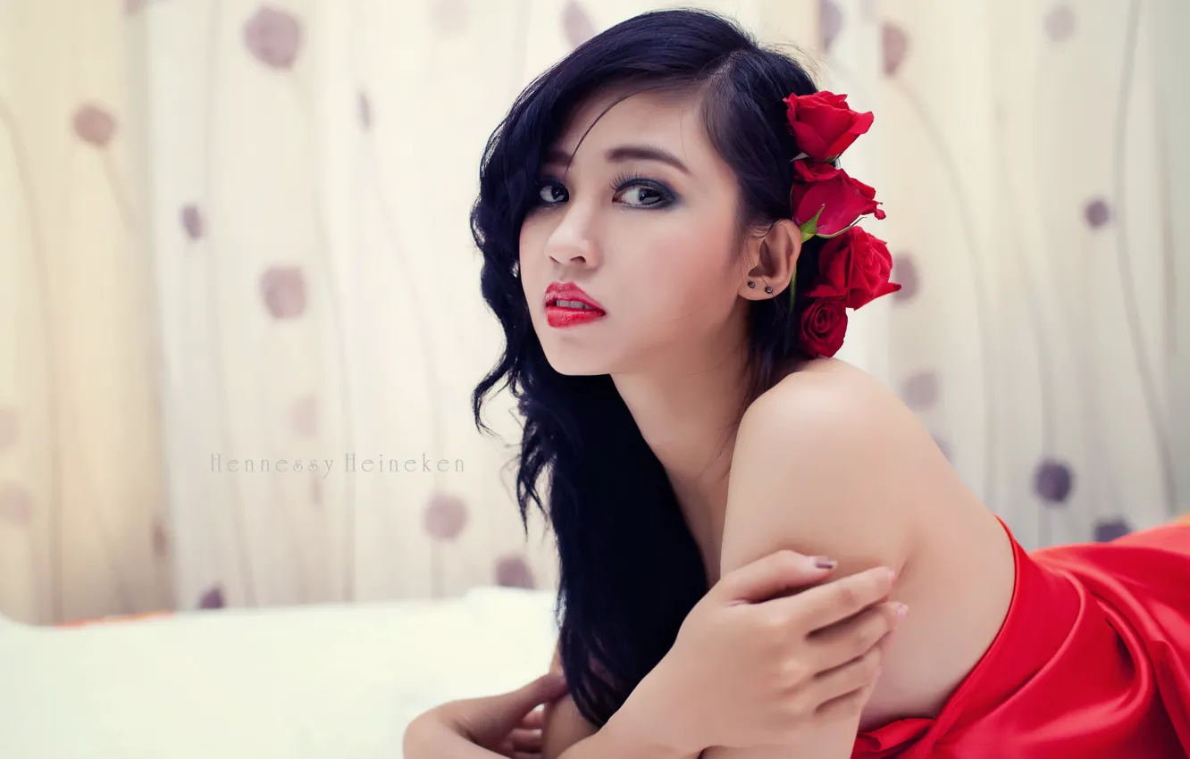 Photo wallpaper girl, roses, Asian