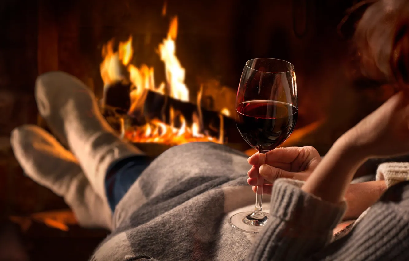Photo wallpaper girl, heat, wine, glass, fireplace, plaid, cozy, socks