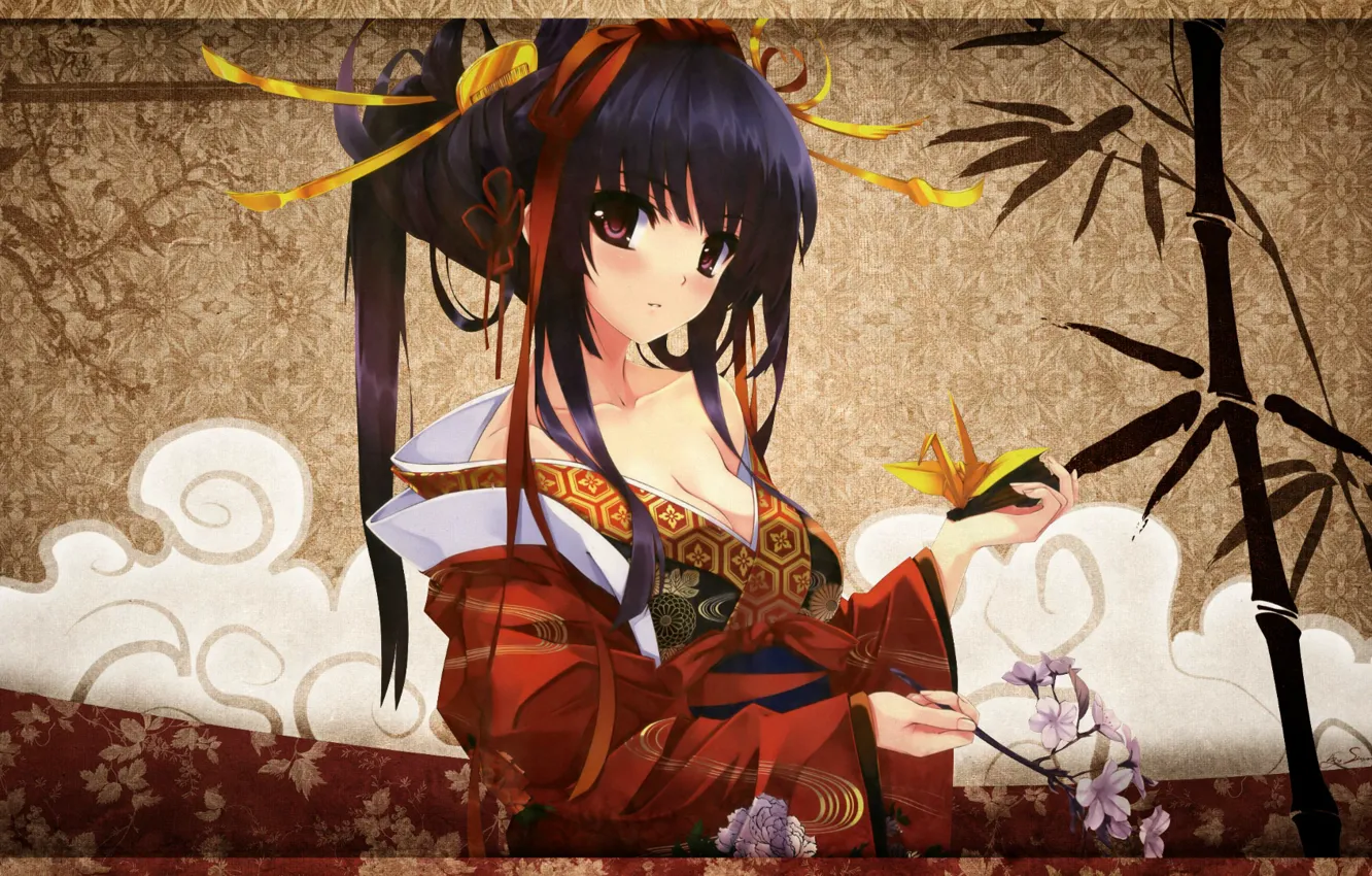 Photo wallpaper girl, pattern, bamboo, hairstyle, kimono, origami