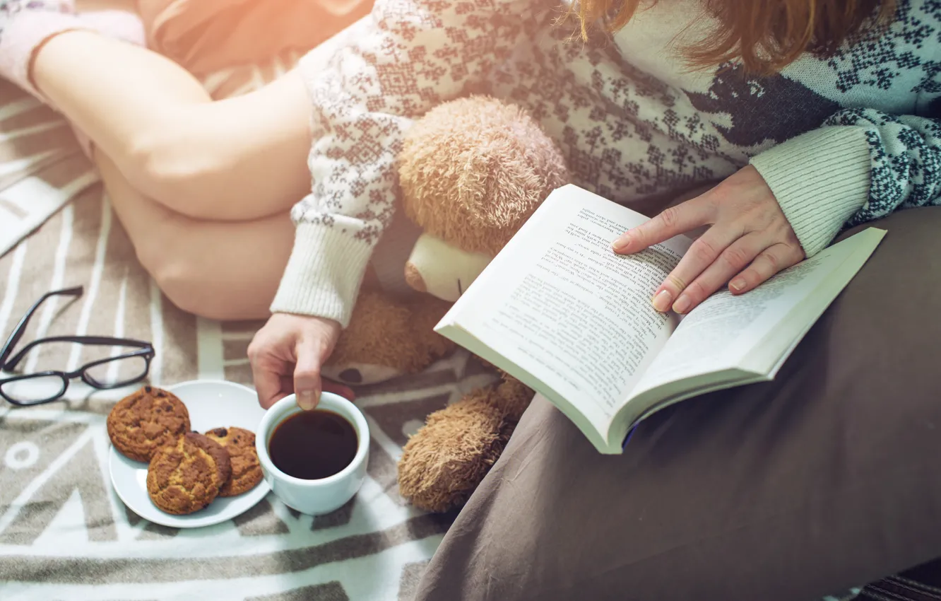 Photo wallpaper girl, coffee, cookies, Girl, Cup, bed, book, book