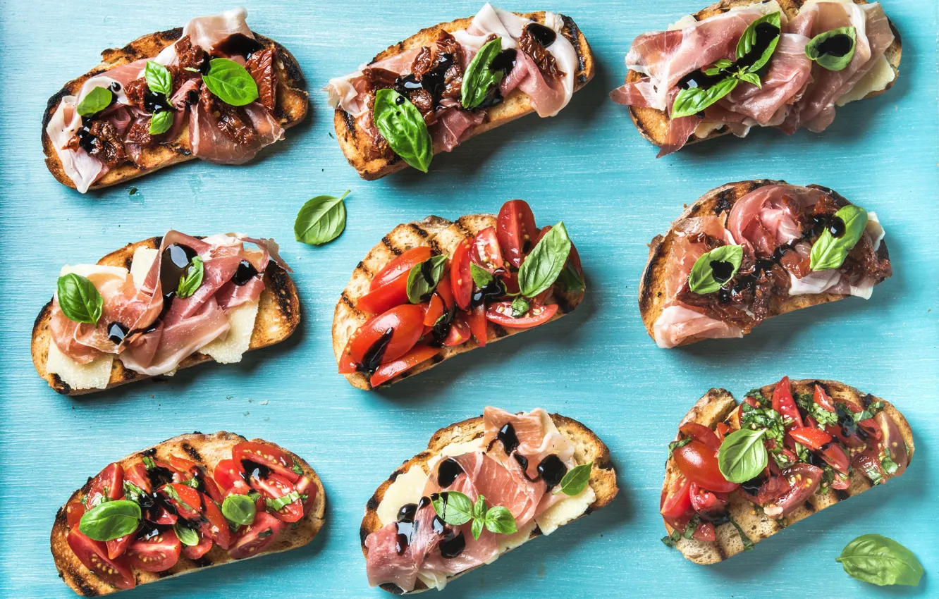 Photo wallpaper food, cheese, vegetables, sauce, bread, sandwiches, Basil, tomatoes-cherry