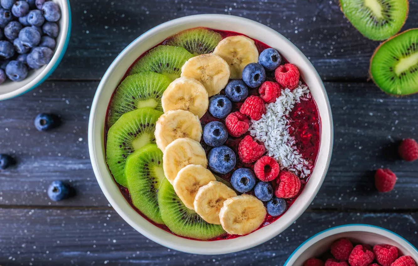 Photo wallpaper berries, raspberry, table, Board, kiwi, blueberries, bananas, bowl