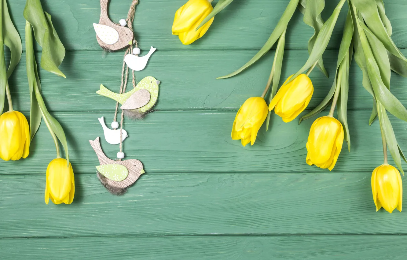 Photo wallpaper green, background, tulips, birds, composition, Dmytro Sheremeta