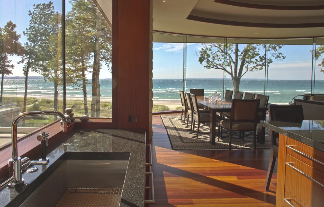 Photo wallpaper design, style, interior, kitchen, dining room, by DesRosiers Architect, Lake Michigan House, overlooking Good Harbor …