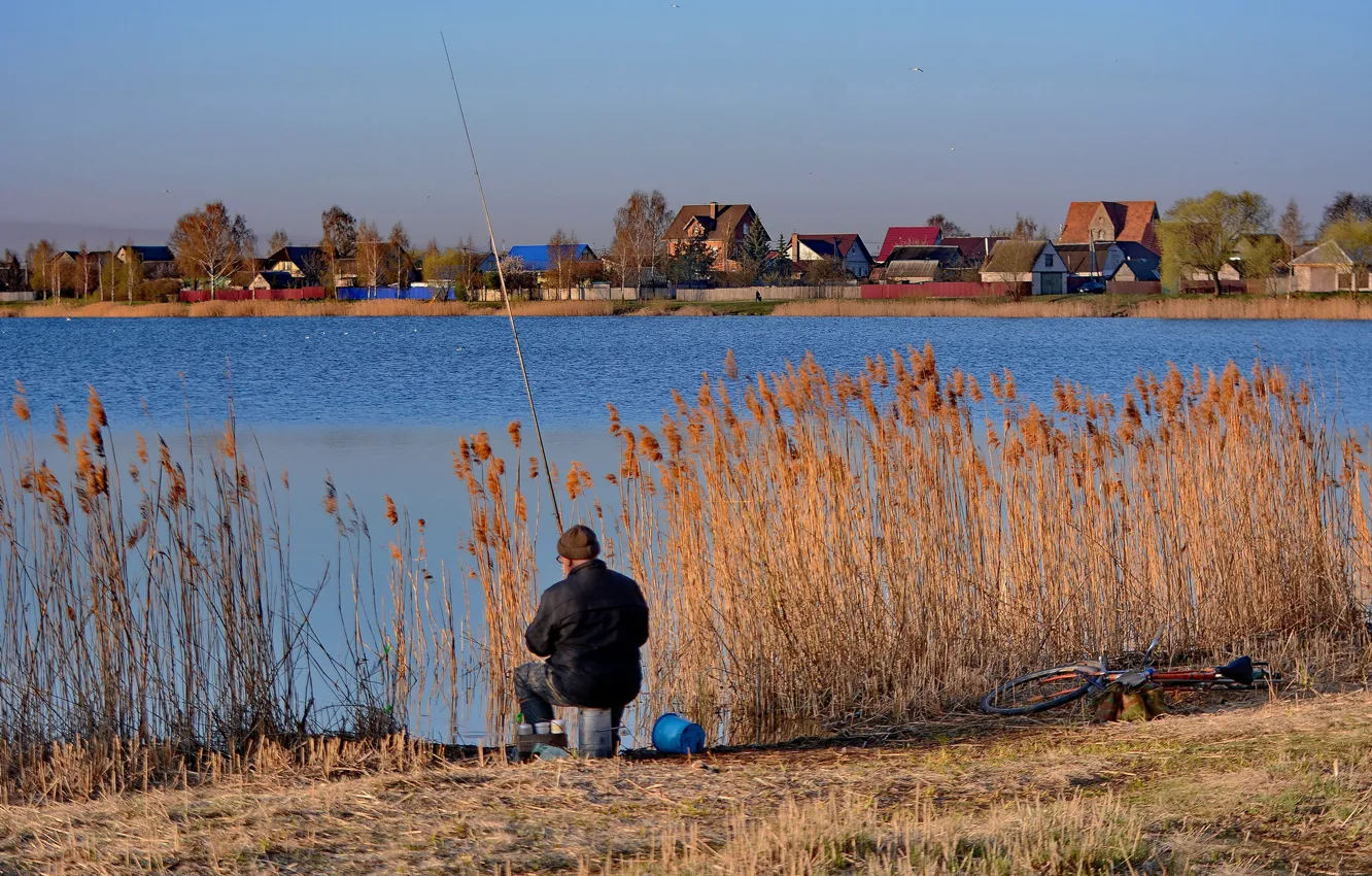 Photo wallpaper lake, fisherman, morning, rod, fishing