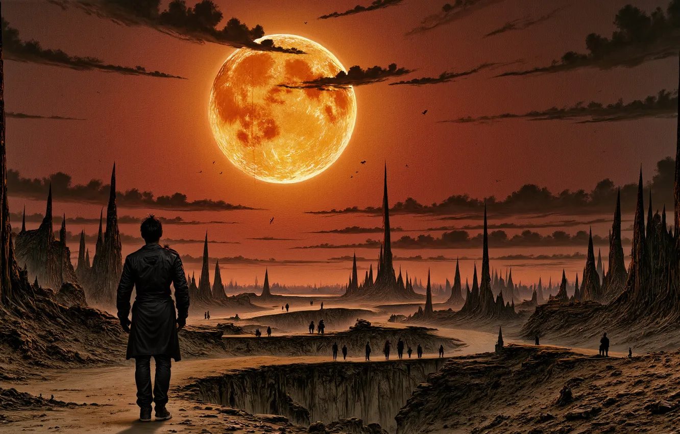 Photo wallpaper landscape, landscape, the moon, guy