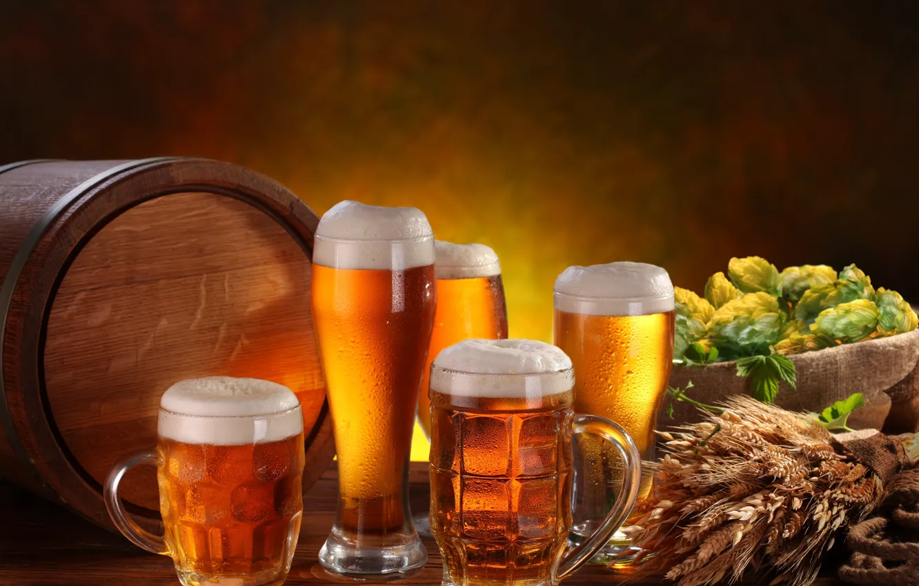 Photo wallpaper foam, beer, mug, ears, barrel, hops