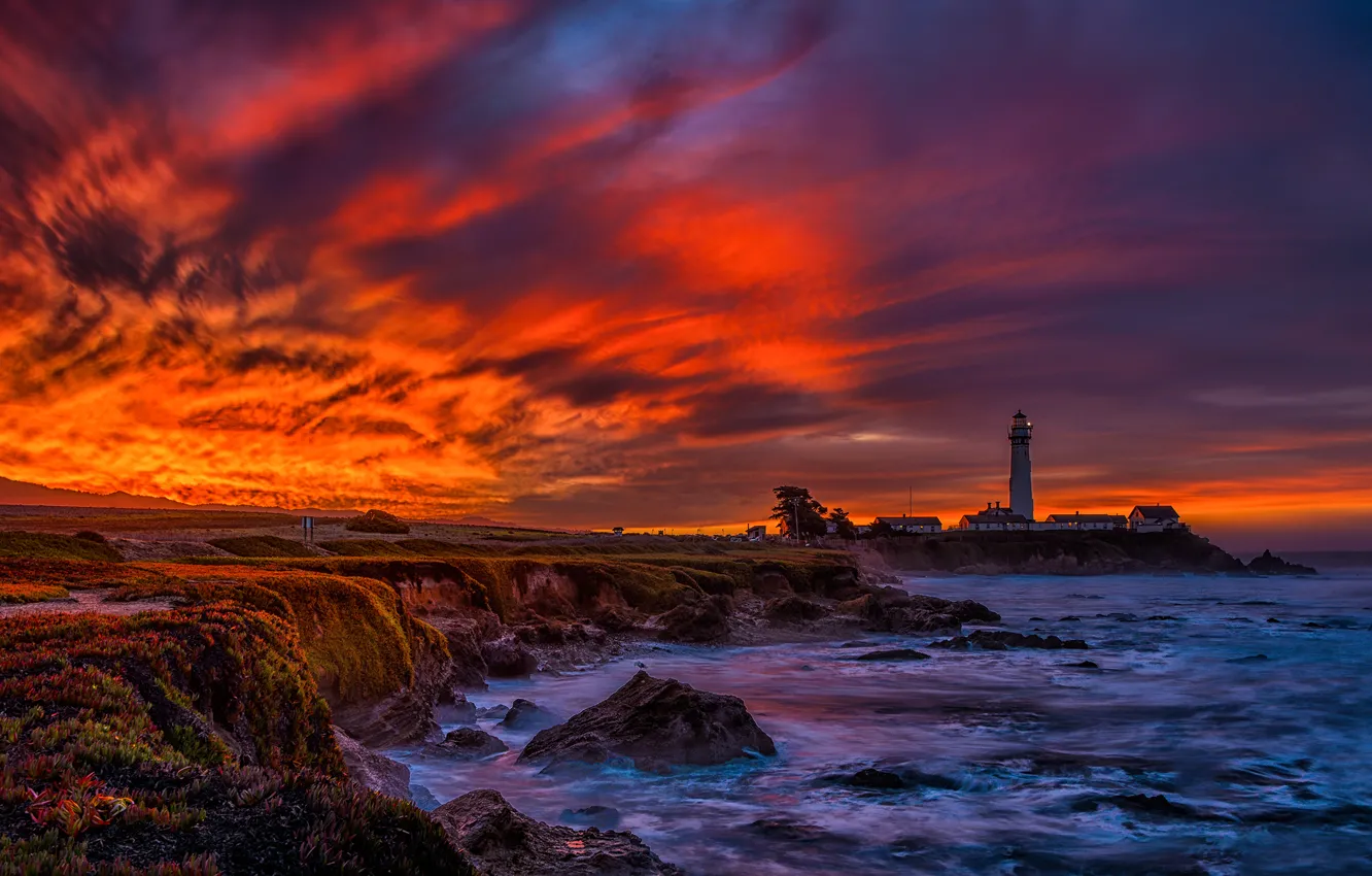 Photo wallpaper sea, the sky, clouds, sunset, nature, lighthouse