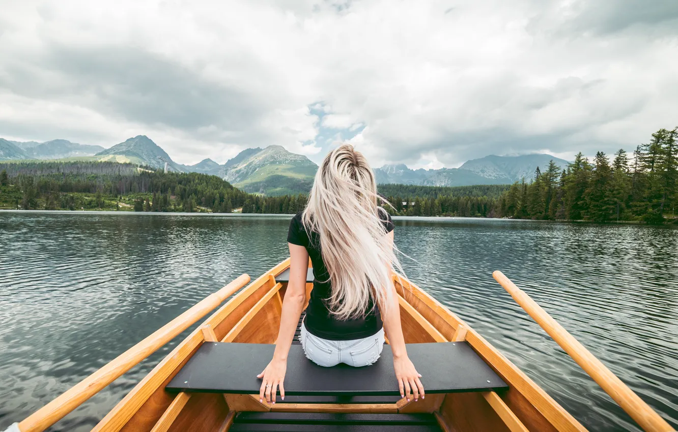 Photo wallpaper girl, lake, boat, Nature, rest.