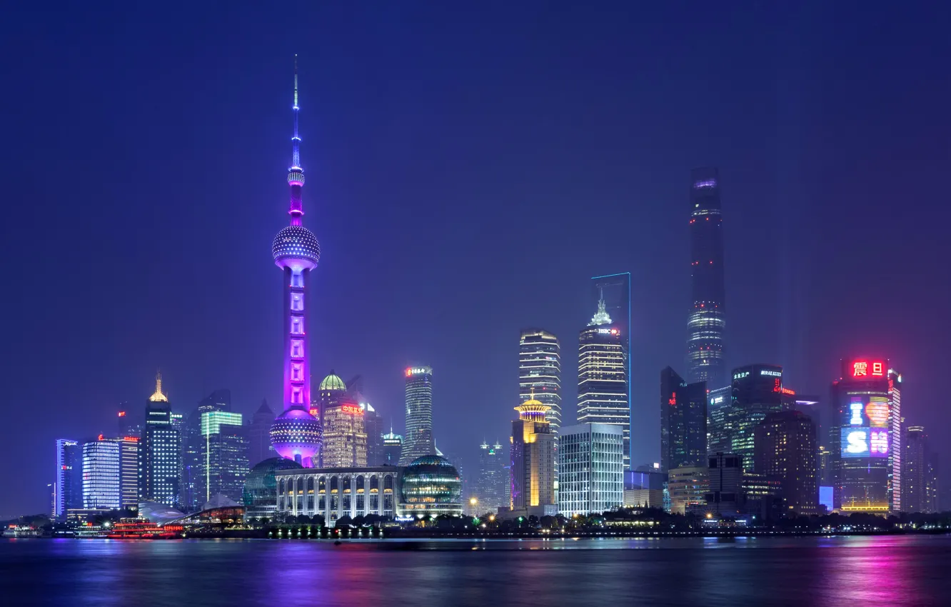 Photo wallpaper night, lights, tower, home, China, Shanghai