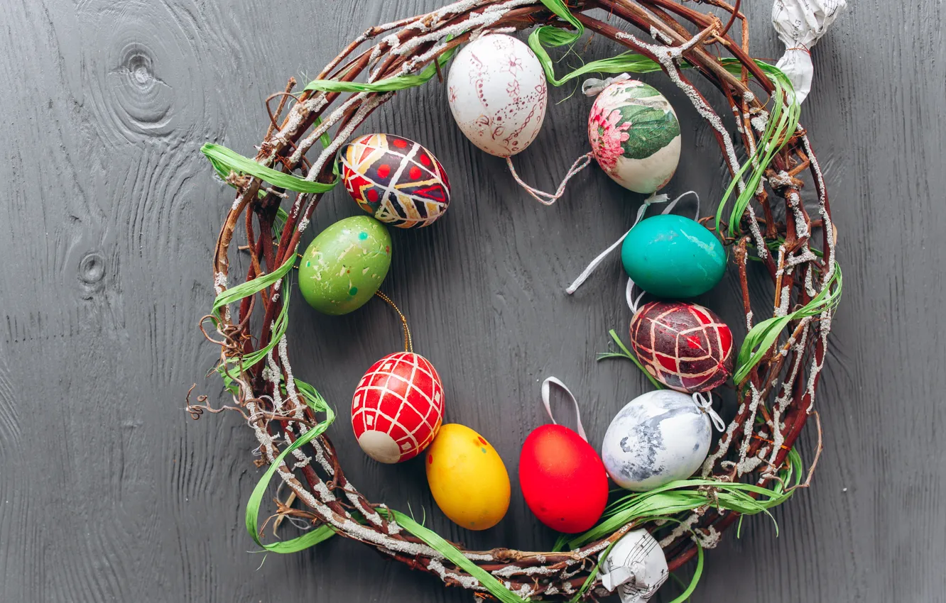Photo wallpaper branches, eggs, spring, colorful, Easter, wreath, wood, spring