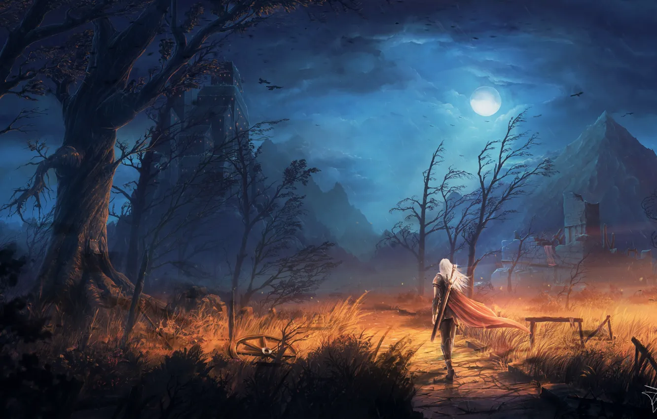 Photo wallpaper moon, sword, fantasy, sky, trees, field, weapon, Warrior