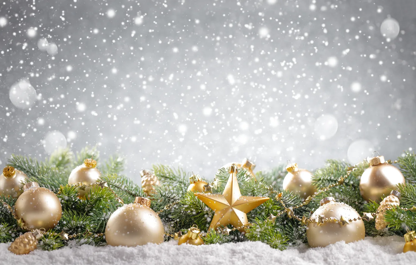 Photo wallpaper winter, snow, decoration, balls, tree, New Year, Christmas, Christmas