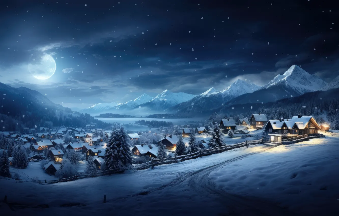 Photo wallpaper winter, snow, night, lights, New Year, village, Christmas, houses
