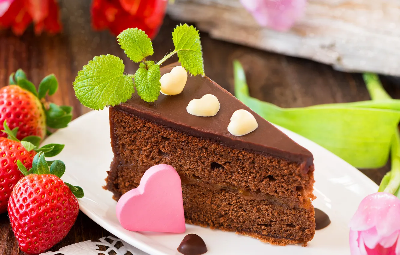 Photo wallpaper heart, chocolate, strawberry, cake, cake, cake, mint, cakes
