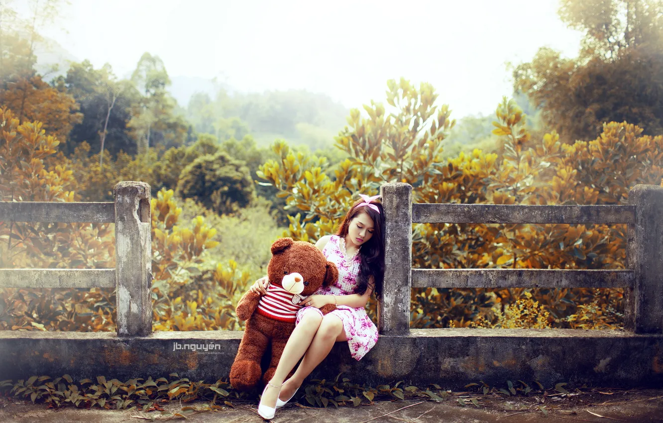 Photo wallpaper girl, mood, bear