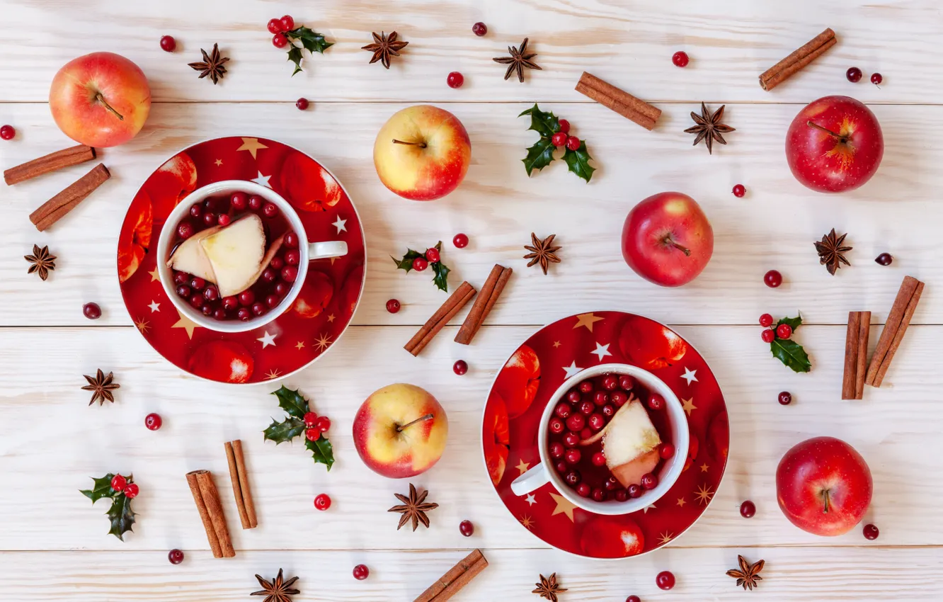 Photo wallpaper berries, apples, Christmas, fruit, cinnamon, Christmas, winter, cup