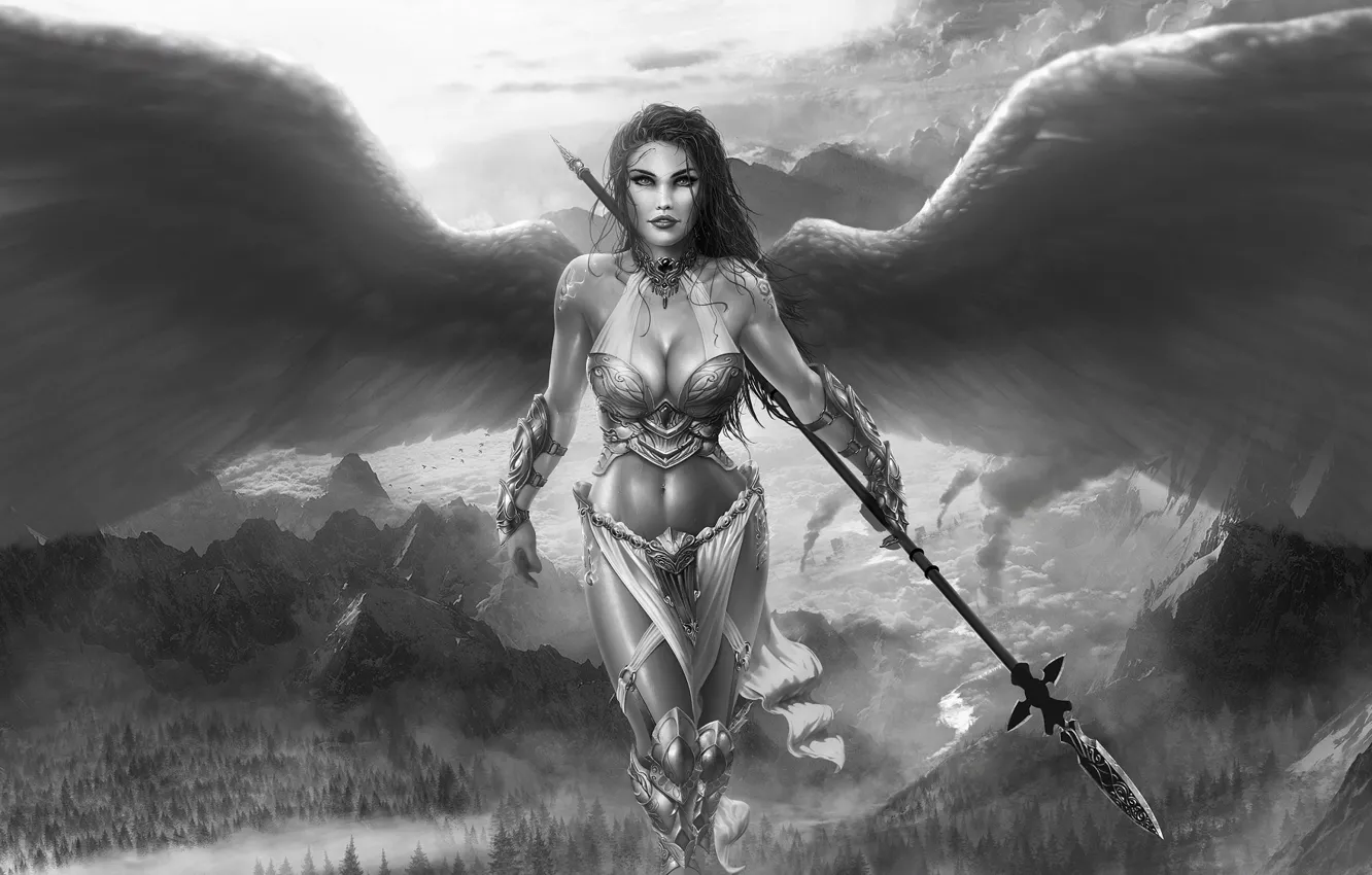 Photo wallpaper girl, angel, warrior, spear