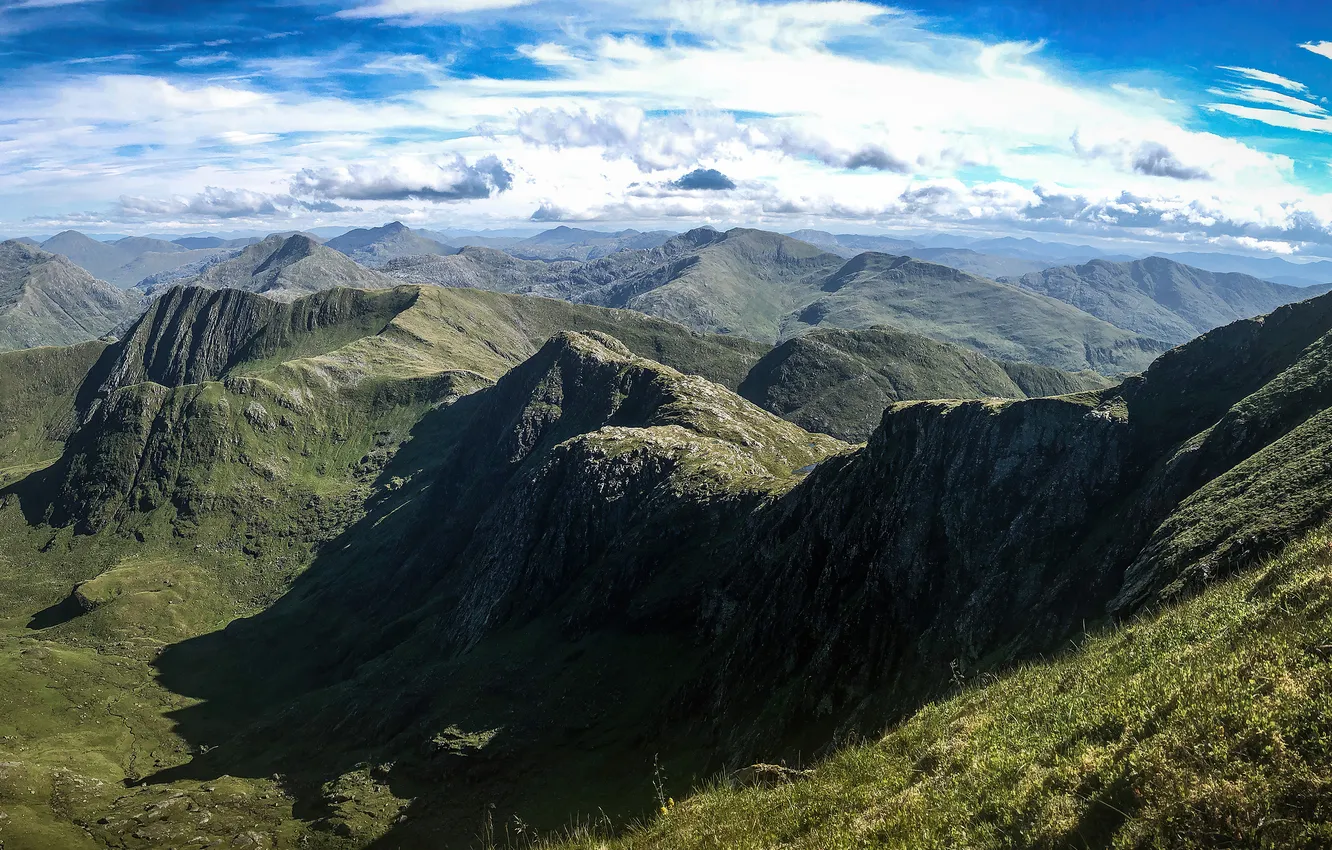 Photo wallpaper greens, the sky, grass, clouds, mountains, open, tops, height