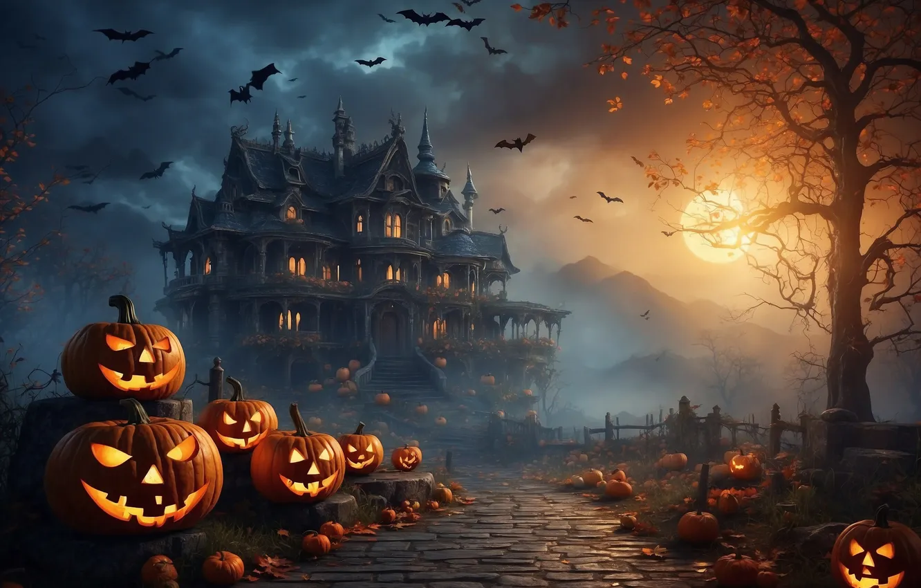 Photo wallpaper trees, night, castle, the moon, pumpkin, bats, Halloween, horror