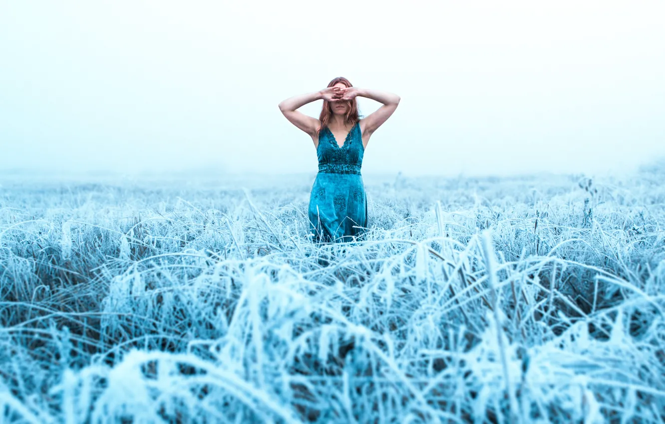 Photo wallpaper cold, frost, grass, girl, dress, Lizzy Gadd, The Winsome Winter