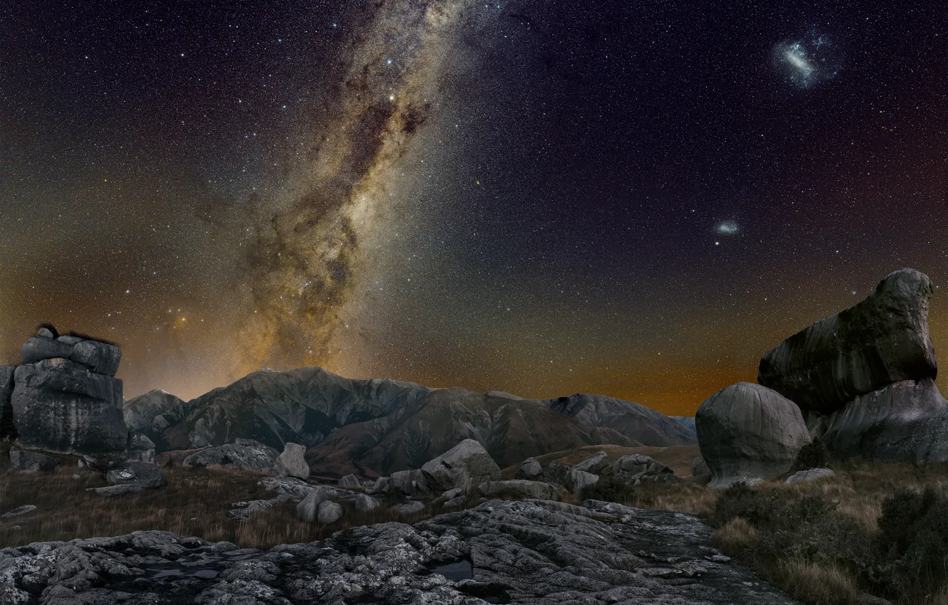 Photo wallpaper grass, space, stars, mountains, night, darkness, stones, rocks