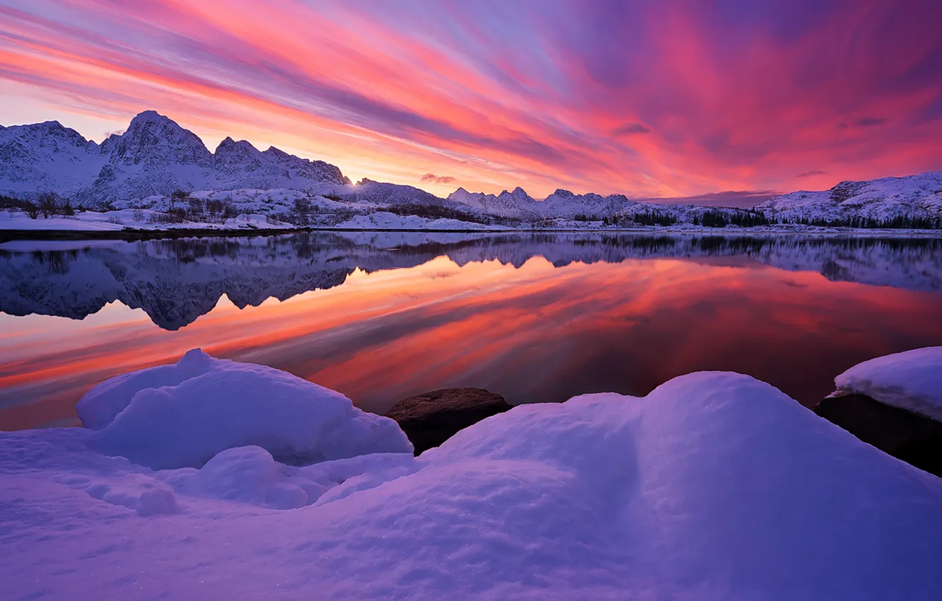 Photo wallpaper Sky, Fire, Landscape, Sunset, Essence, Norway, Nice, Lofoten