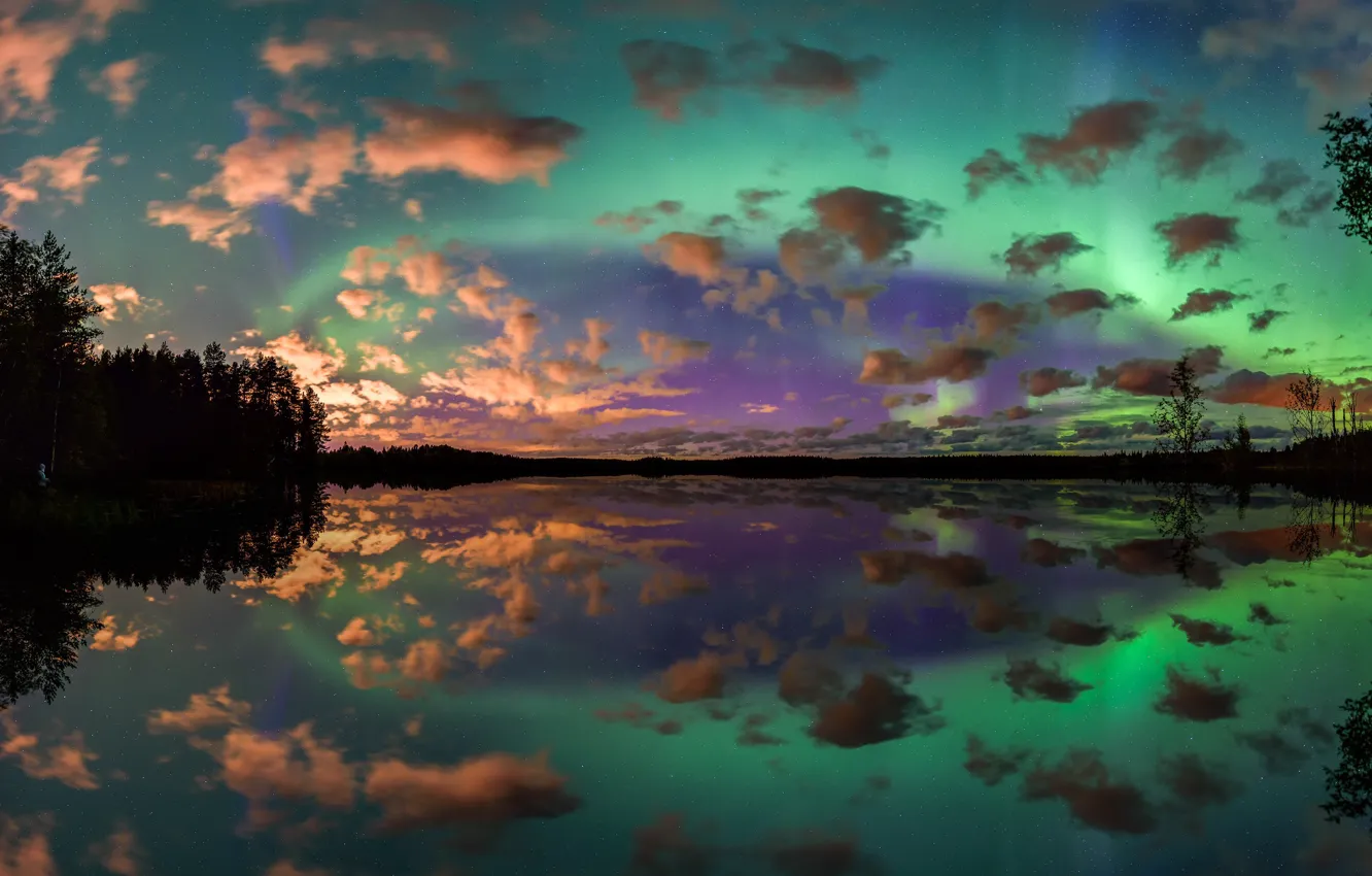 Photo wallpaper clouds, lake, Northern lights