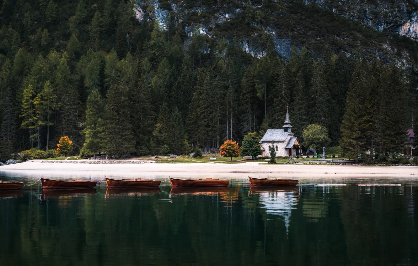 Photo wallpaper forest, mountains, shore, boats, Italy, Church, lake Braies, Alessandro laurito