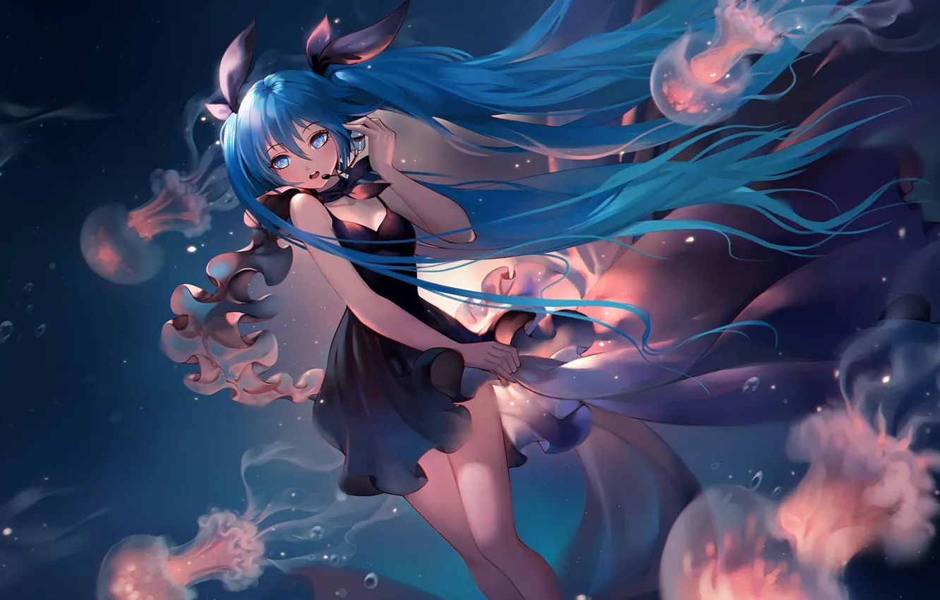 Photo wallpaper jellyfish, Hatsune Miku, Anime, long hair, Vocaloid, blue hair, character, beautiful girlfriend again