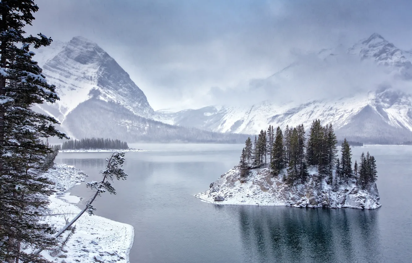 Photo wallpaper winter, snow, landscape, mountains, nature, lake, island, Canada