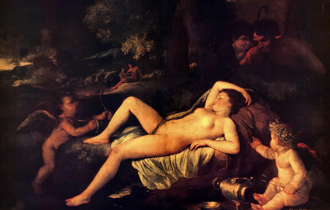 Photo wallpaper woman, angels, Sleeping, see, Poussin, Nicholas, Venus And Cupid