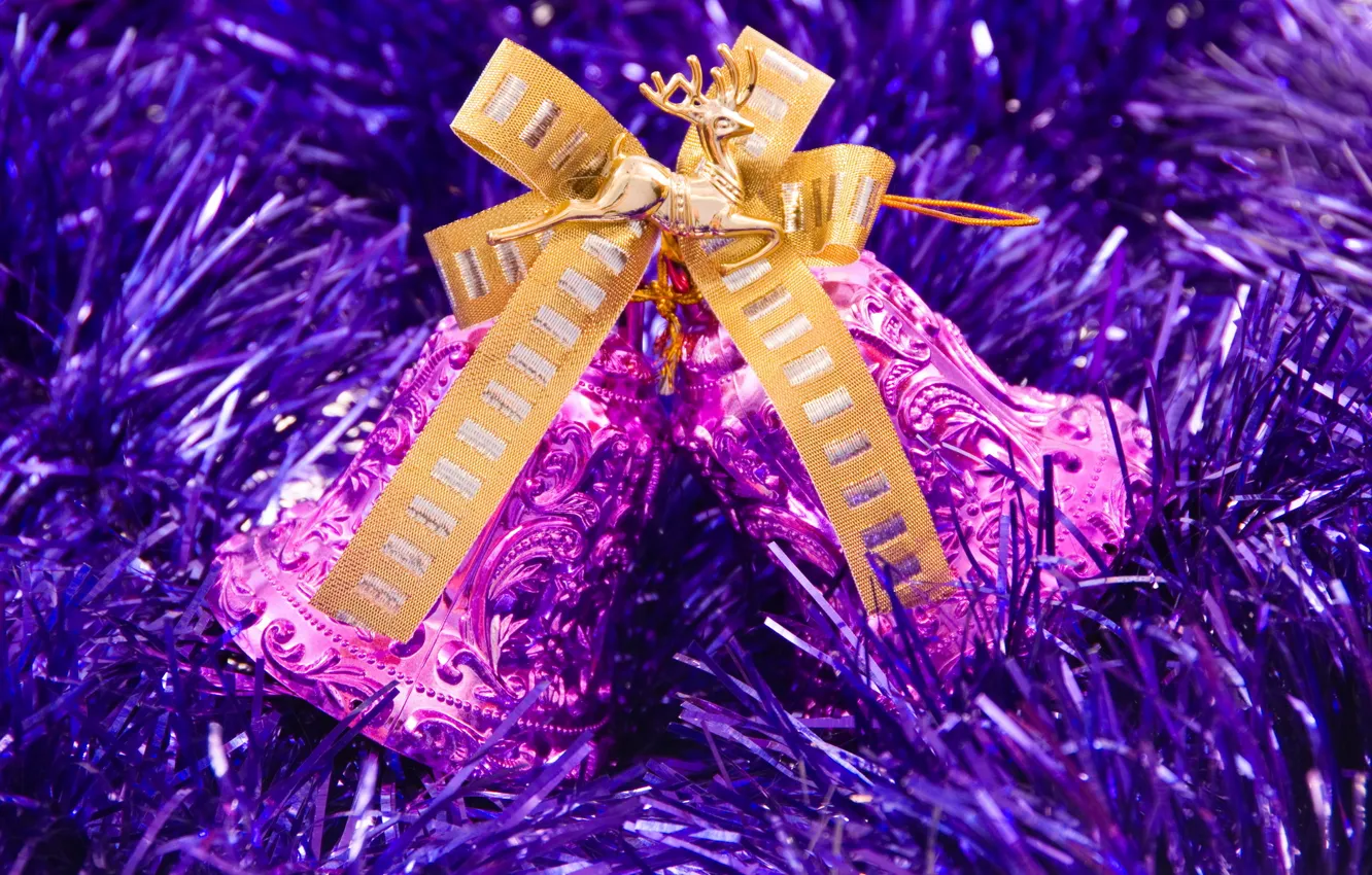 Photo wallpaper purple, holiday, new year, deer, pink, gold, tinsel, bells