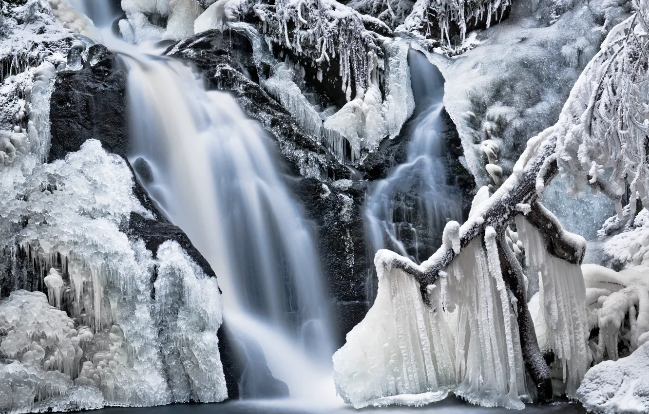 Photo wallpaper winter, frost, water, snow, trees, nature, rocks, waterfall