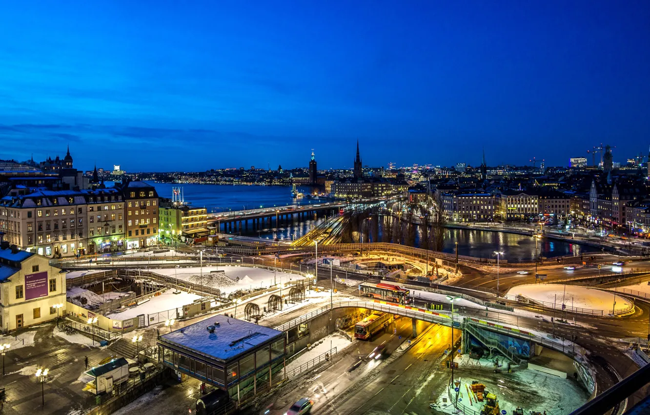 Photo wallpaper road, night, bridge, lights, river, home, panorama, Stockholm