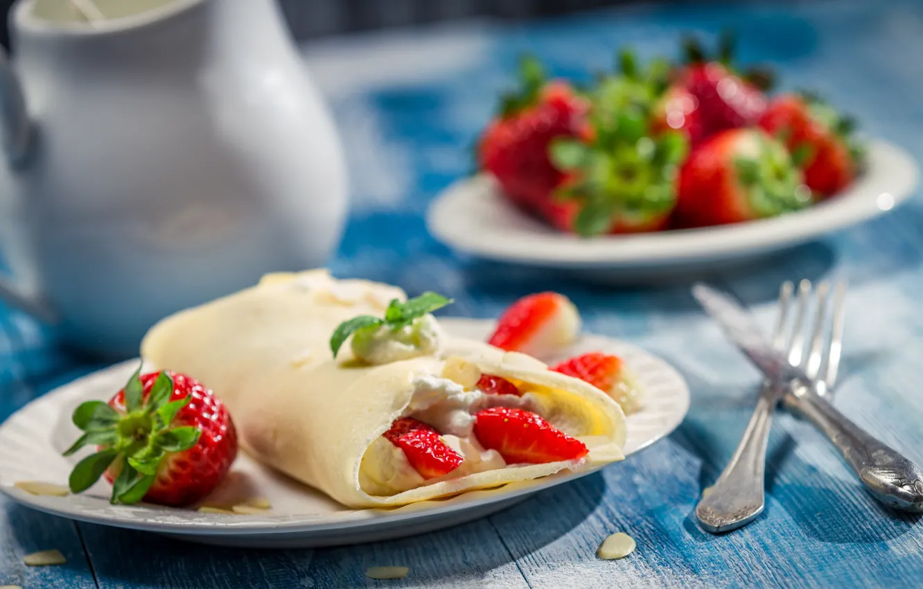 Photo wallpaper berries, strawberry, berries, pancakes, pancakes, strawberries, A delicious dessert, Delicious dessert