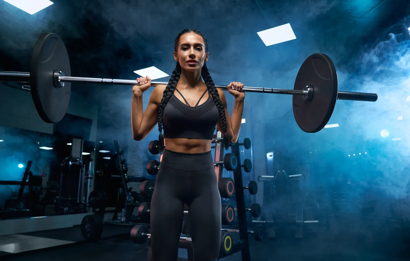 Photo wallpaper woman, gym, dumbbell, weight