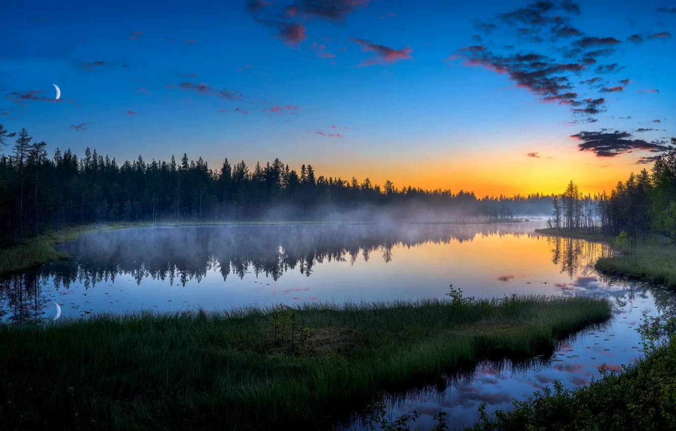 Photo wallpaper sunset, fog, lake, the moon