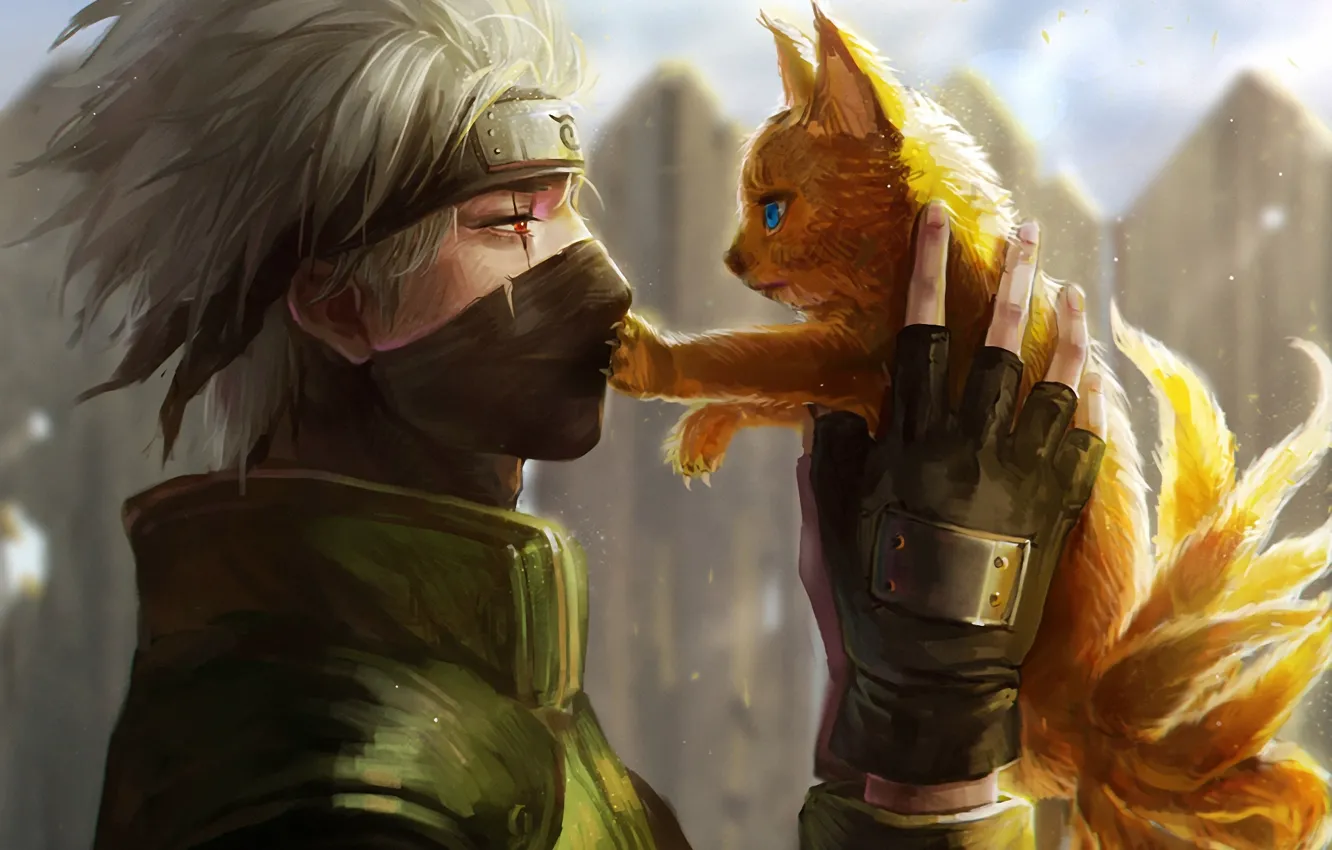 Photo wallpaper art, Fox, guy, bandana, naruto, scar, hatake kakashi, tails