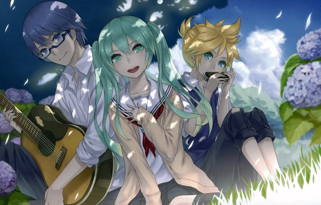Photo wallpaper girl, joy, mood, guitar, guy, harmonica, vocaloid, hatsune miku