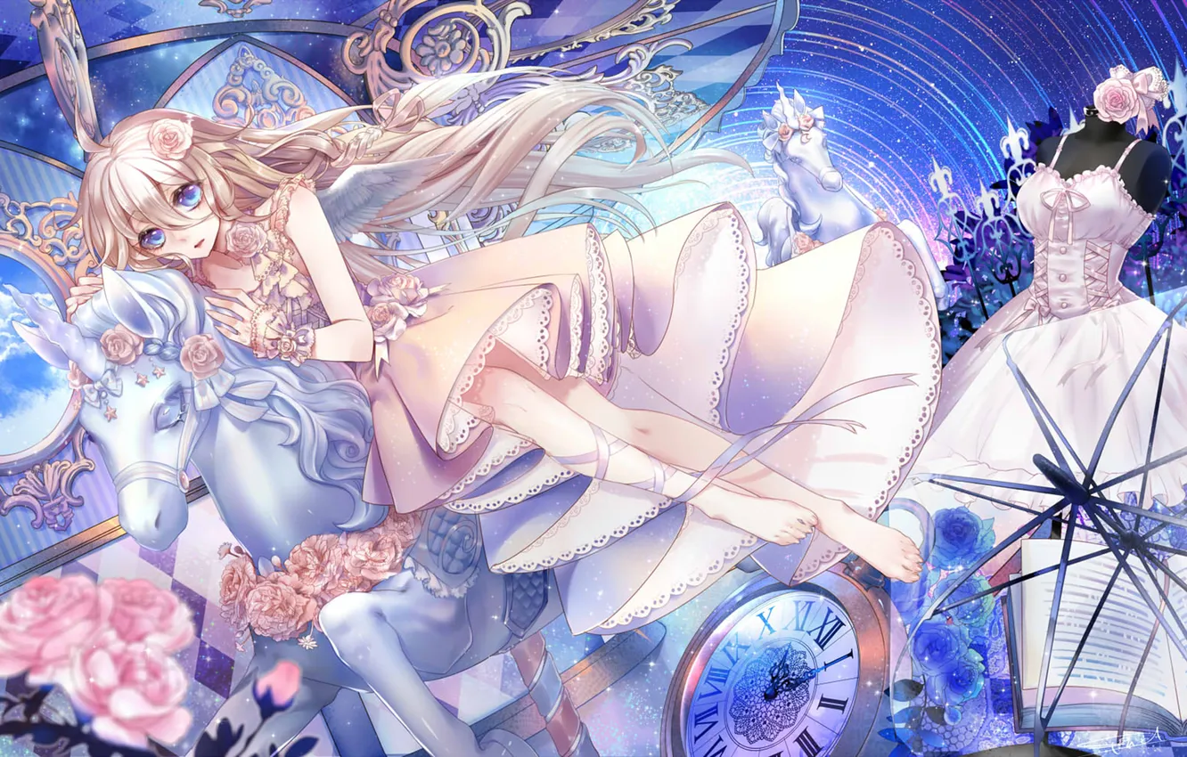 Photo wallpaper horse, watch, roses, wings, girl, book, dummy, carousel