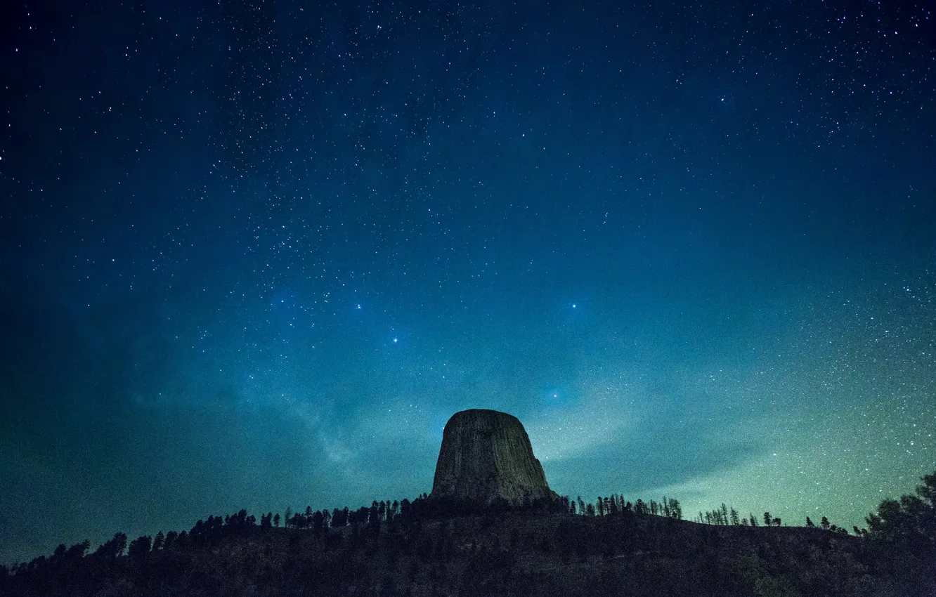 Photo wallpaper the sky, stars, trees, blue, stones, Wyoming, United States, Devil's tower