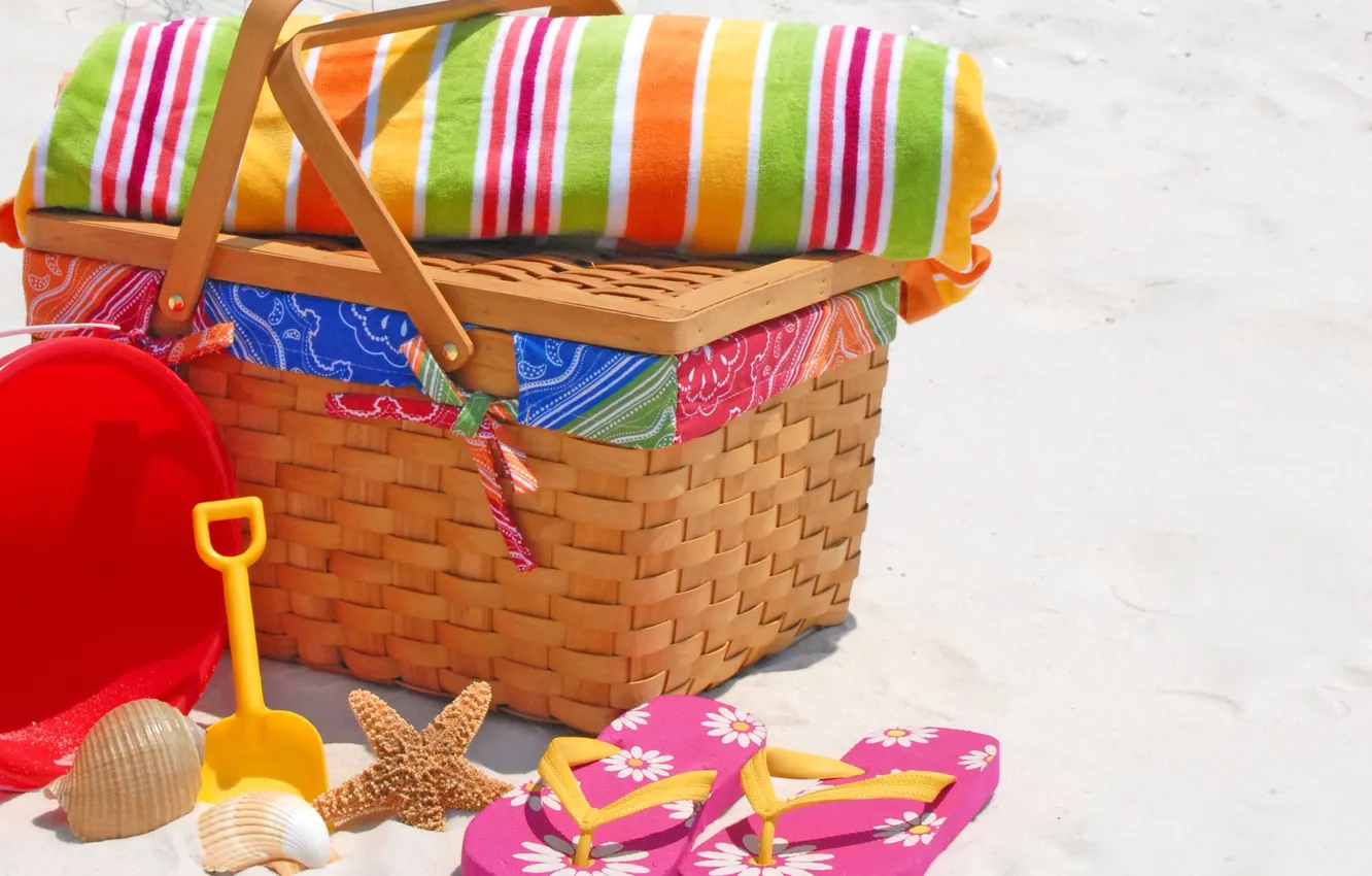 Photo wallpaper basket, shell, blade, flip flops