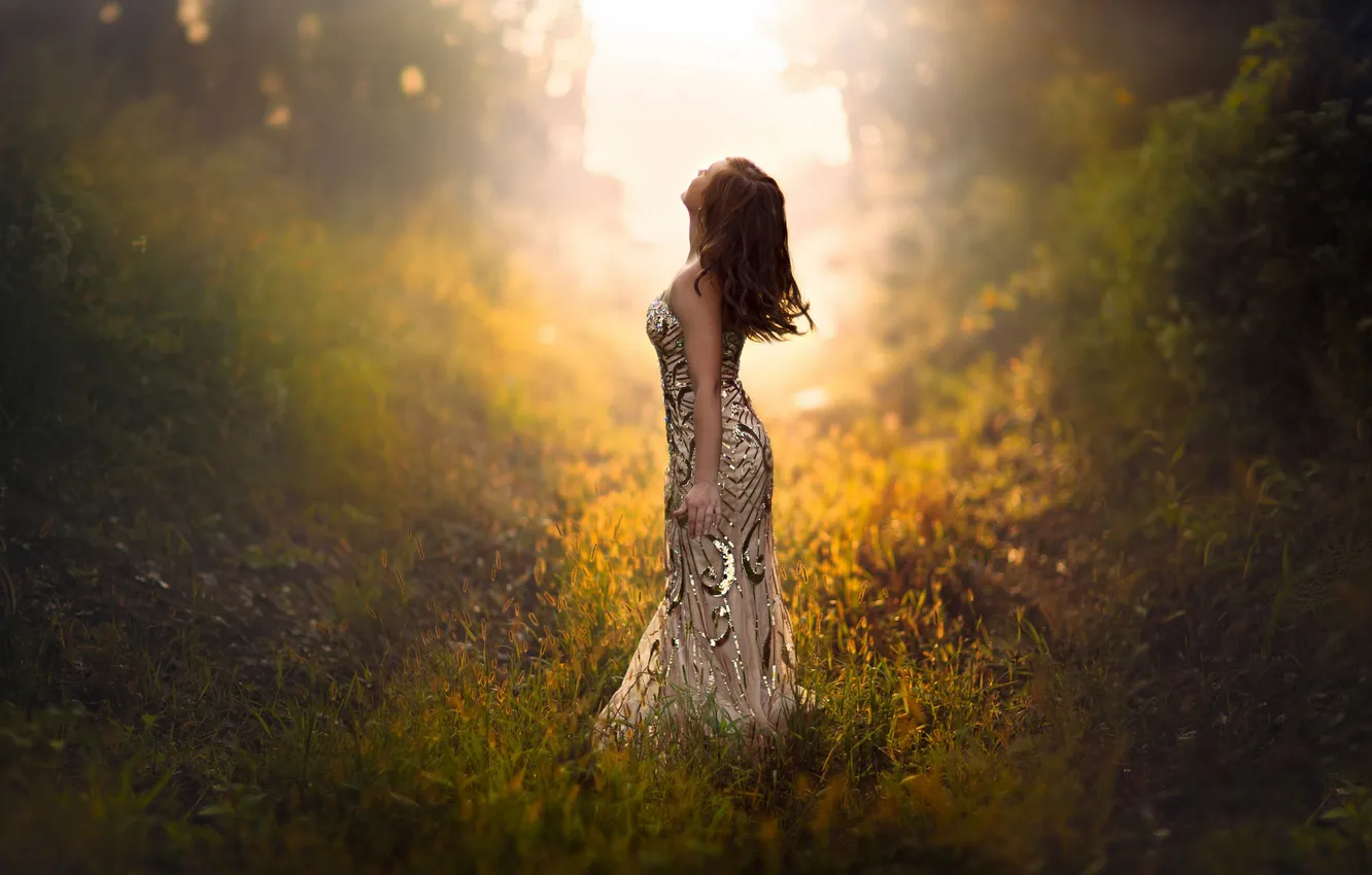 Photo wallpaper girl, the sun, fog, morning