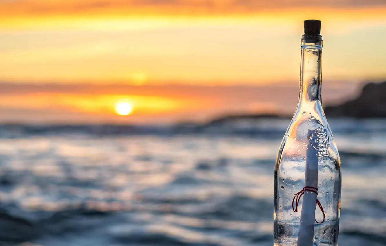 Photo wallpaper sea, sunset, message, bottle