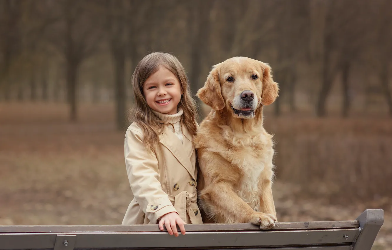Photo wallpaper autumn, trees, bench, nature, pose, smile, Park, each