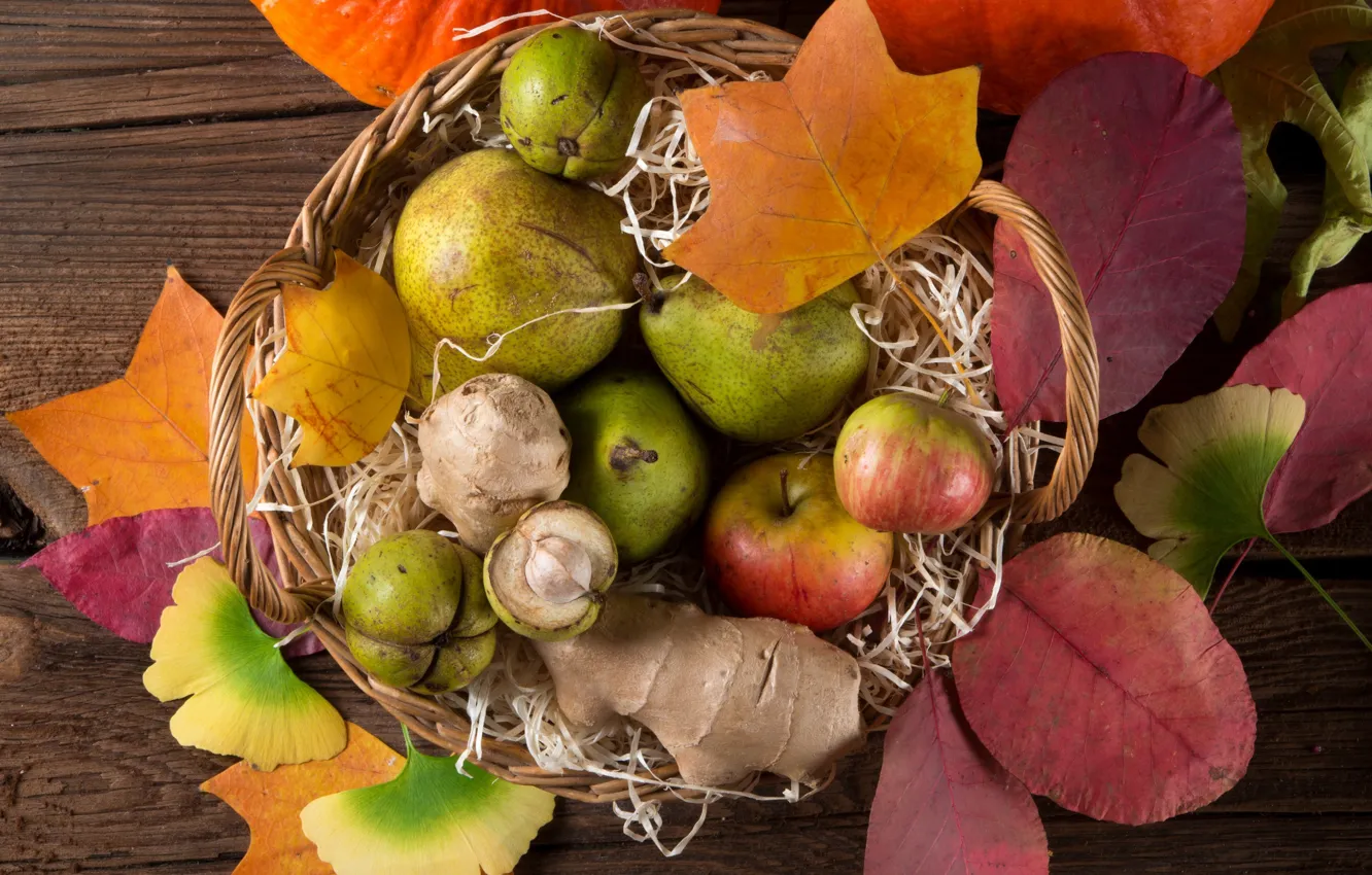 Photo wallpaper leaves, basket, apples, fruit, pear, the gifts of autumn
