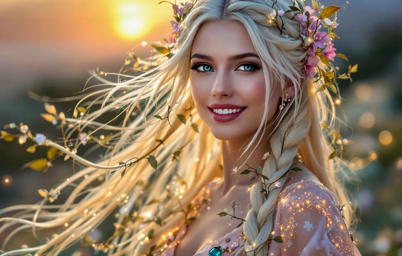 Photo wallpaper look, girl, the sun, light, flowers, smile, lights, the wind